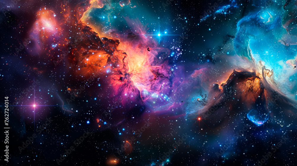 A vibrant space illuminated by countless stars of various colors. The stars fill the scene, creating a dazzling display against dark background. A snapshot of the galaxy. Milky Way. Banner. Copy space