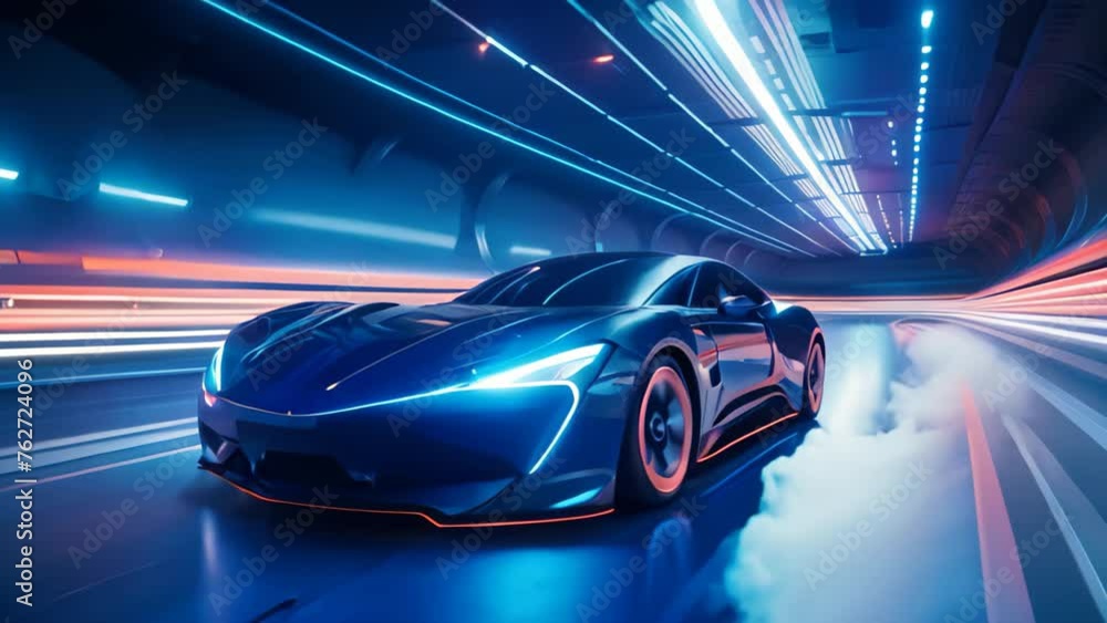 3D rendering of a sports car in a tunnel with light trails, A sports car a futuristic autonomous vehicle on a trail, AI Generated 3D rendering of a sports car in a tunnel with light trails, A sports car a futuristic autonomous vehicle on a trail, AI Generated