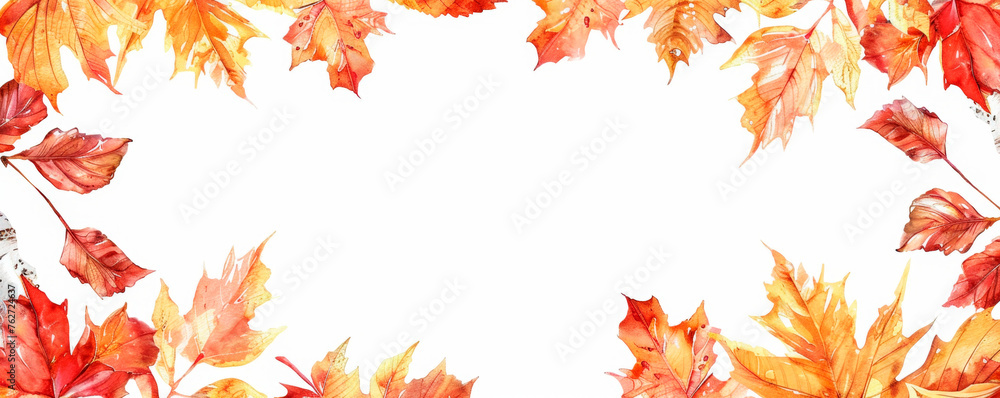 A detailed watercolor painting featuring vibrant autumn leaves in various shades of red, orange, and yellow, delicately painted on a white background. The leaves are depicted. Banner. Copy space A detailed watercolor painting featuring vibrant autumn leaves in various shades of red, orange, and yellow, delicately painted on a white background. The leaves are depicted. Banner. Copy space