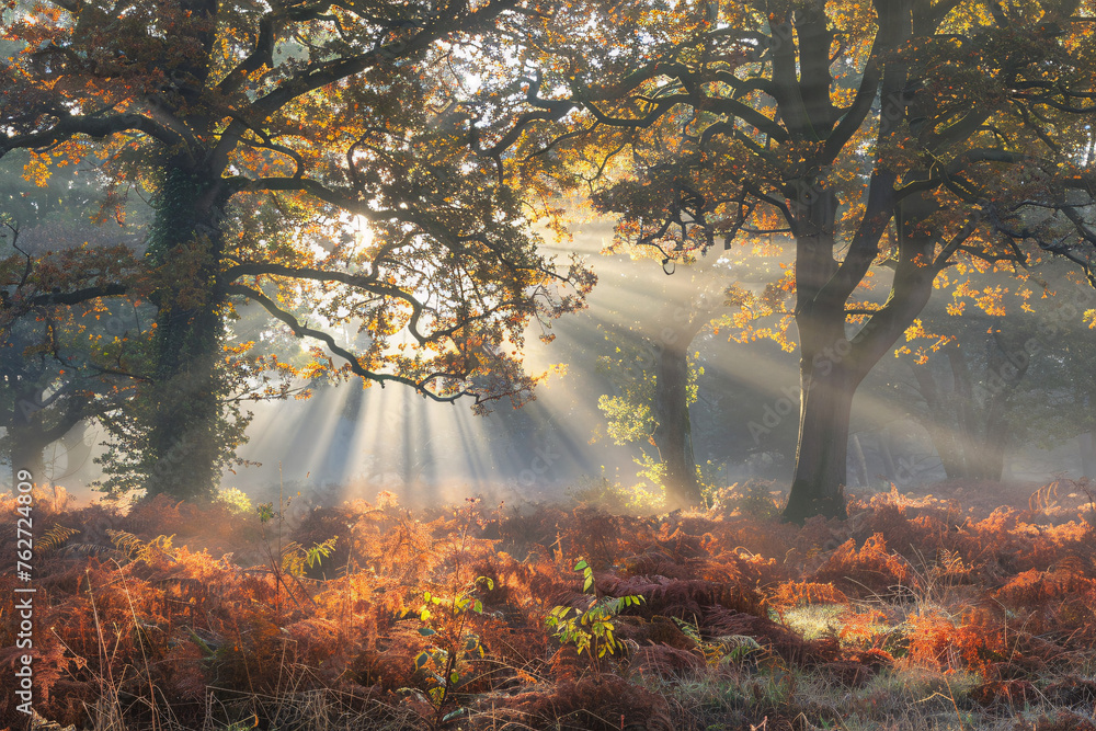 Obraz premium sun beams in an autumn morning forest