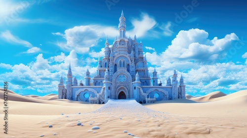 Fantasy Ice Palace Emerge in the Desert: An Ethereal 3D Landscape with Blue Sky and Clouds