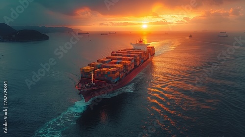Using cranes in cargo transportation and business logistics, By cranes, Trade Port, Cargo shipping to harbor, Aerial view from drone, International transportation, Business logistics concept.