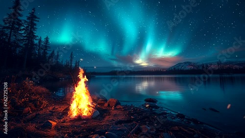 Animation of a bonfire and the northern lights over the lake. Infinite loop 24 seconds video photo