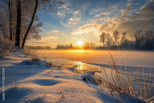 winter landscape with sunrise