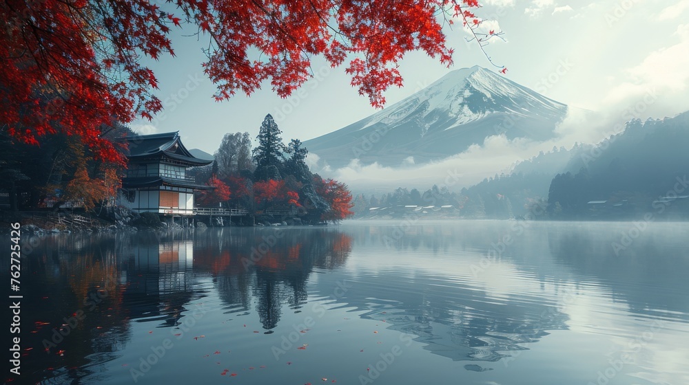 One of the best places in Japan is to experience the colorful autumn season and Mountain Fuji in the morning fog. - obrazy, fototapety, plakaty 
