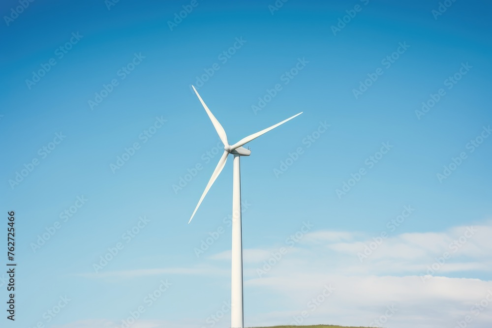 Solitary Wind Turbine Against Blue Sky. A lone wind turbine stands tall against a clear blue sky, symbolizing renewable energy.