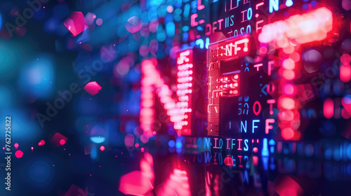 Word NFT on abstract digital neon background, token and crypto art at online auction. Concept of blockchain, non-fungible cryptocurrency, light, bitcoin, technology