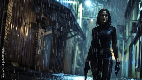 Young woman walks holding gun in rain, armed mercenary or killer in black on dark street. Female person with weapon in city at night. Concept of spy, action movie, murderer