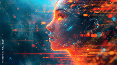 Artificial intelligence like young woman, face of futuristic humanoid AI robot on abstract tech background. Concept of digital technology, fire, art, science, future