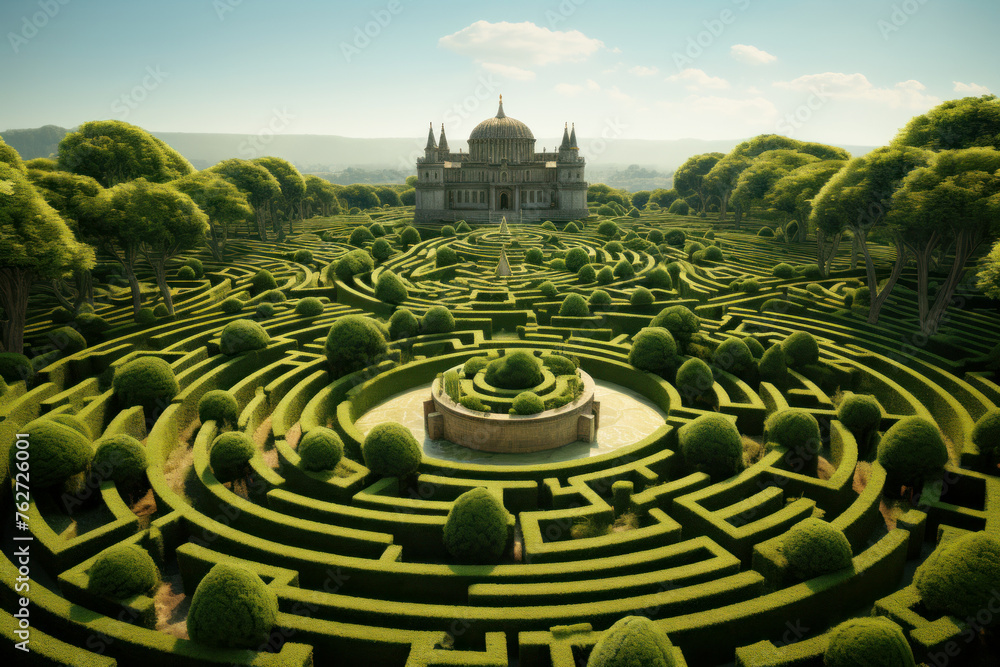 Hedge maze and castle, aerial view of green labyrinth of trimmed bushes in landscaped garden, abstract geometric pattern of plants. Concept of nature, fantasy, shape, puzzle