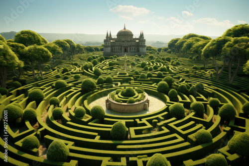 Hedge maze and castle, aerial view of green labyrinth of trimmed bushes in landscaped garden, abstract geometric pattern of plants. Concept of nature, fantasy, shape, puzzle photo