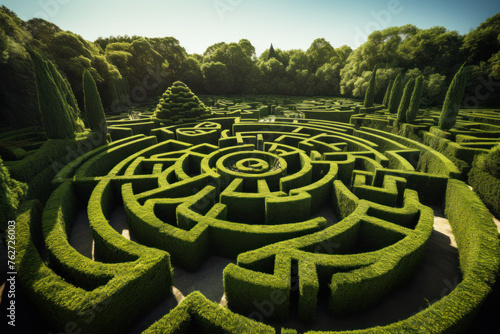 Hedge maze aerial view, green labyrinth of trimmed bushes in landscaped garden, abstract geometric pattern of plants in park. Concept of path; puzzle and adventure