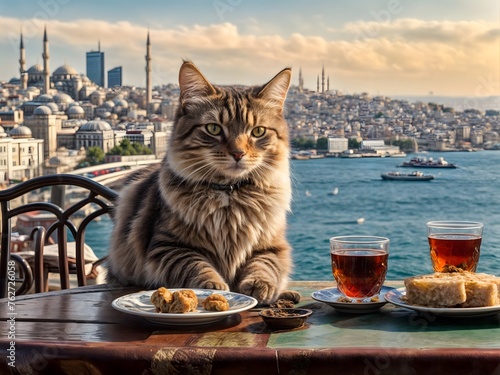 Cat sitting on panoramic taht Istanbul table with Turk photo