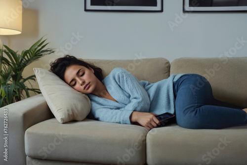 Beautiful woman cozy asleep on couch in casual clothes, smartphone in hand