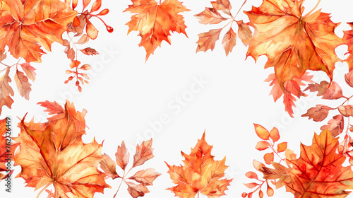A detailed watercolor painting showcasing a variety of autumn leaves  including maple  oak  and birch  depicted in vibrant shades of red  orange  and yellow. Leaves are scattered. Banner. Copy space