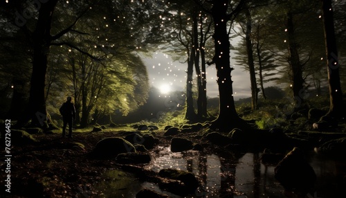 A man stands in a moonlit forest, surrounded by tall trees and a blanket of stars, and photographs the landscape with a camera photo