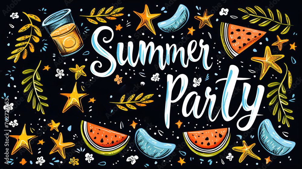 Poster with tropical fruit and cocktails for summer party