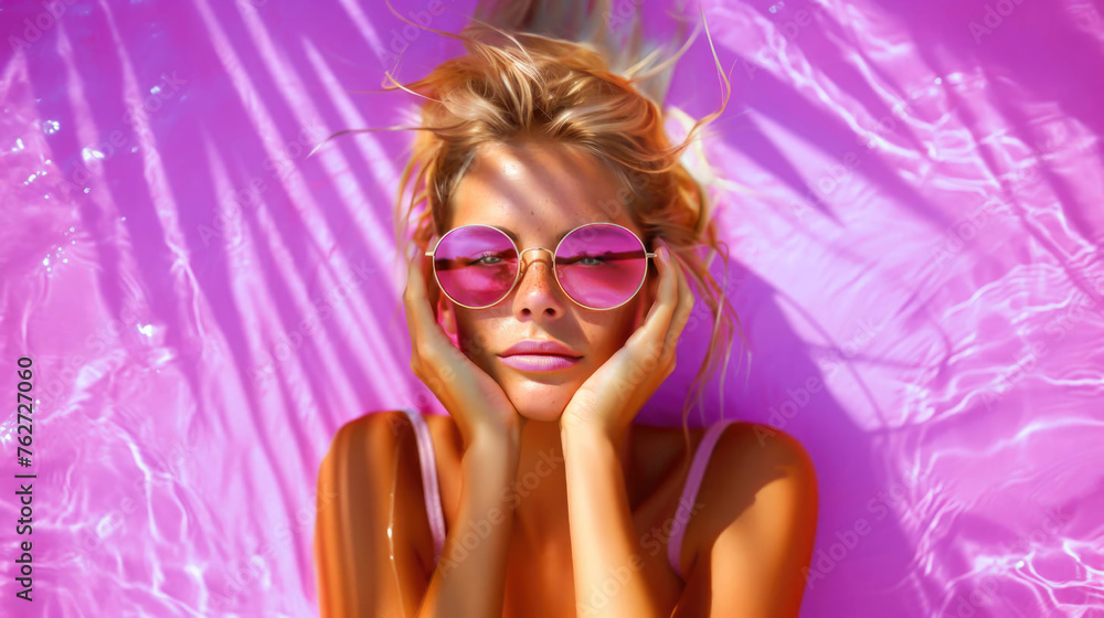 Blonde woman in sunglasses hands on chin on purple background
