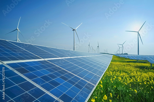 A renewable energy farm with rows of wind turbines and solar pannels