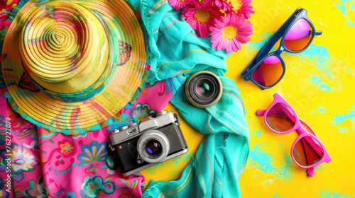 Summer cloth with straw hat, camera and sunglasses on top