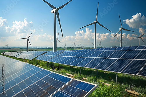 A renewable energy farm with rows of wind turbines and solar pannels