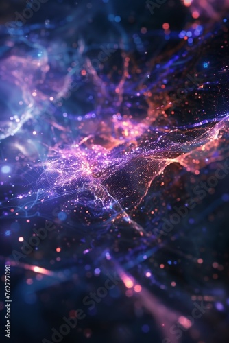 Neural cells with luminous communication nodes in an abstract dark space, 3D illustration
