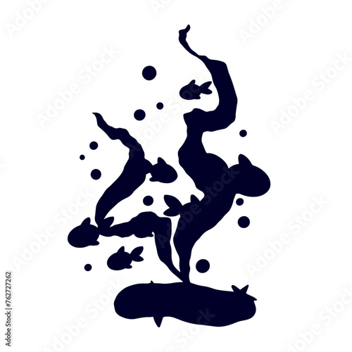 Silhouette of algae with schools of fish.Vector graphics.