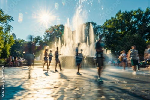 A blurred background of an outdoor park shows people walking, sitting on benches, and splashing in a water fountain Generative AI