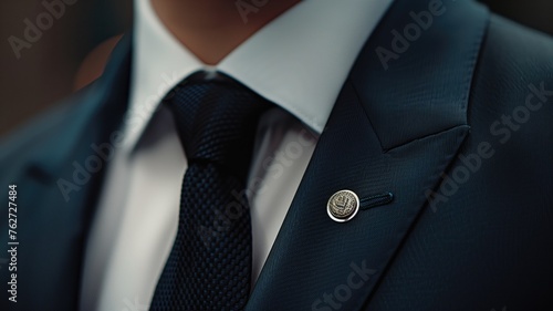 Detail of a suit lapel with a sophisticated emblem pin on a businessman's jacket photo