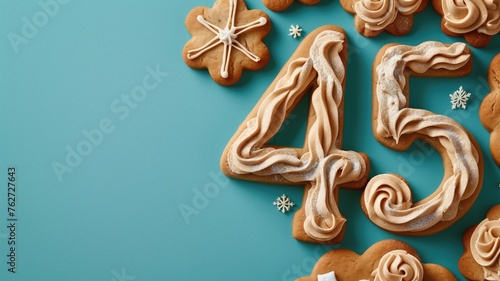 Gingerbread cookies shaped as the number 45 adorned with creamy frosting and a dusting of sugar, set against a teal backdrop photo