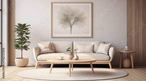Stylish Living Room Interior with Beige Couch and Potted Ficus Plant