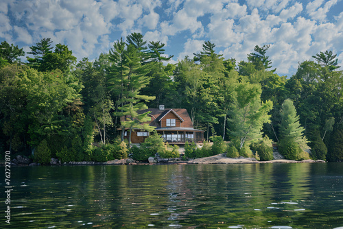 A serene lakeside cottage surrounded by lush forests