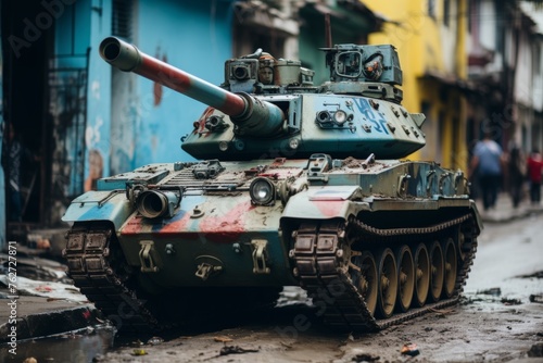 A tank advances through a cityscape ravaged by war, its metal exterior reflecting the devastation around it.