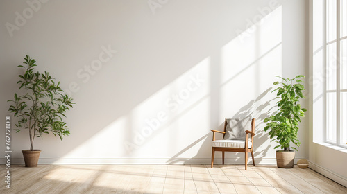 A white room with a chair and two potted plants. The chair is in the middle of the room and the plants are on either side of it. The room is very clean and simple, with no clutter or decorations photo