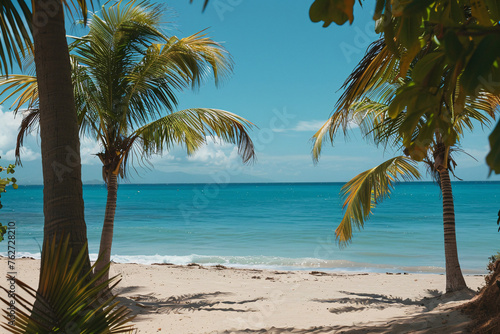 A sun-kissed beach scene with palm trees swaying in the beach