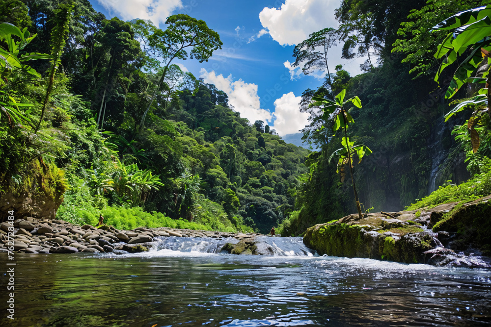 Fototapeta premium A thrilling zip-lining adventure through lush tropical