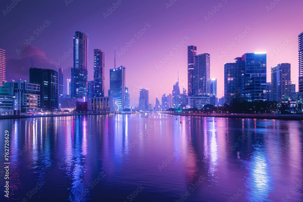 A vibrant city skyline reflecting in the calm waters