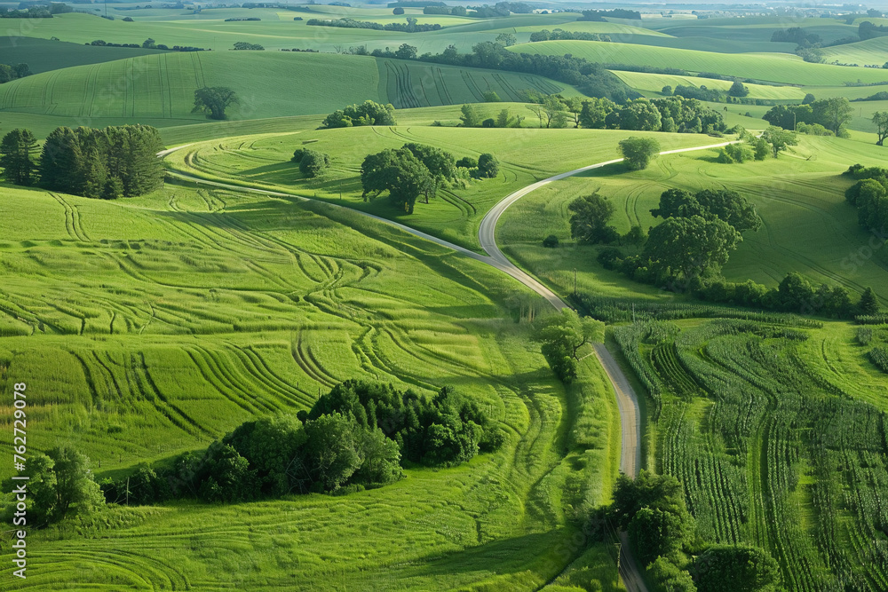 Obraz premium An aerial view of winding country roads cutting throug
