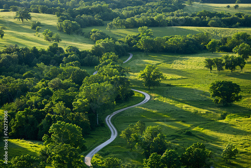 An aerial view of winding country roads cutting throug