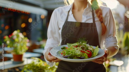 waitress woman with a plate of salad in a restaurant during the day in high resolution and high quality