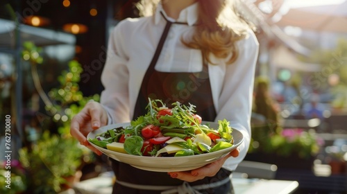 female waitress with a plate of salad in a restaurant during the day
