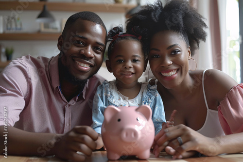 Happy African couple little daughter sit at table