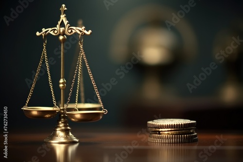 Justice and Economic Balance. Antique scales of justice beside a stack of coins, depicting the balance between law and financial equity.