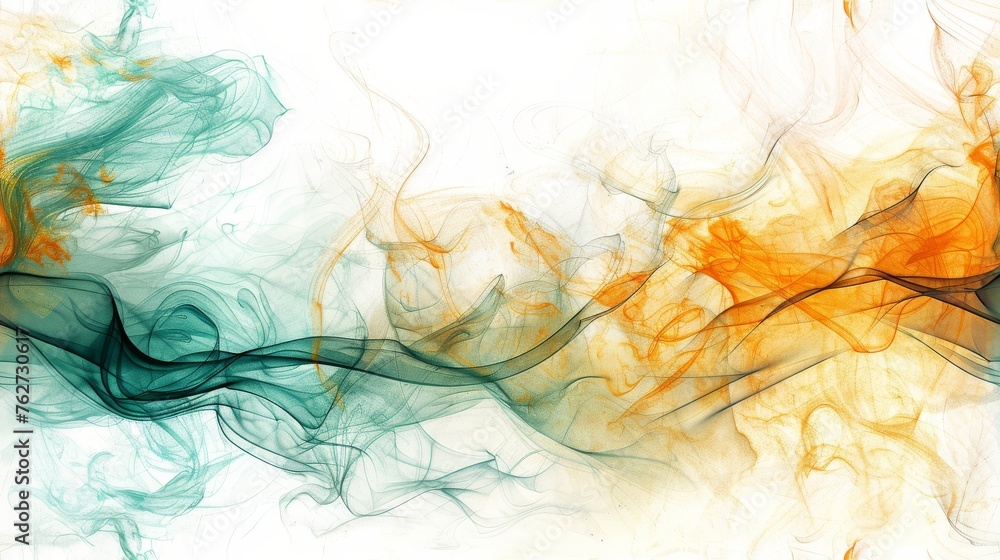 an abstract painting of orange, green, and yellow smoke on a white background with space for the text on the left side of the image. an abstract painting of orange, green, and yellow smoke on a white background with space for the text on the left side of the image.