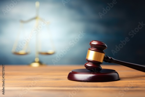 Judge\'s gavel on wooden surface with out-of-focus scales of justice in the backdrop.