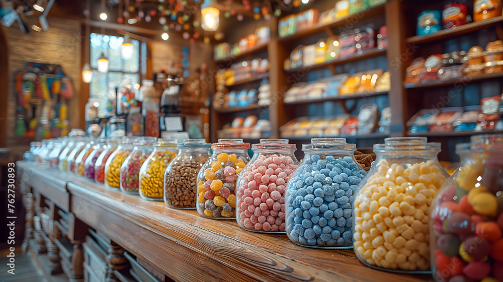 Colorful candies in glass jars on wooden shelf in candy shop
