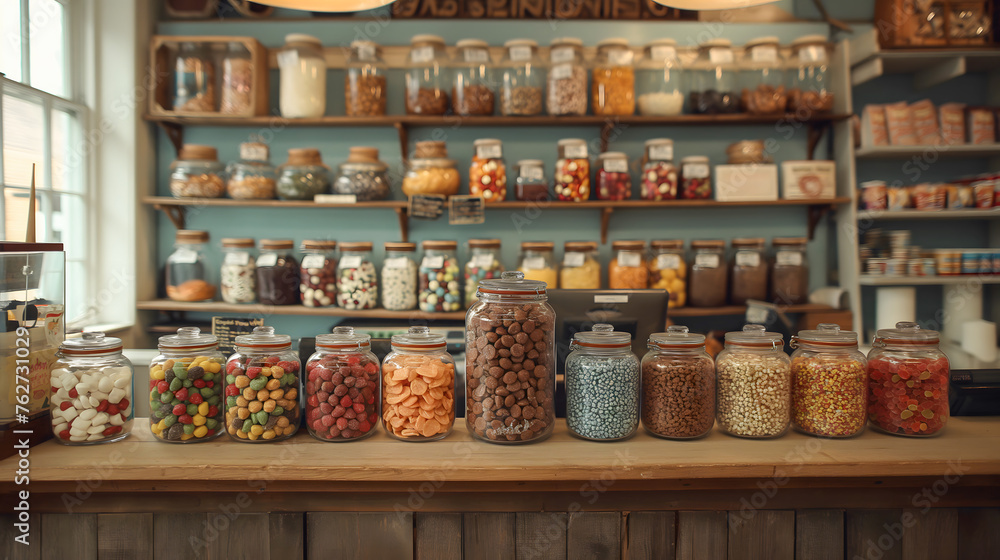 Jars with different candies on shelf in store