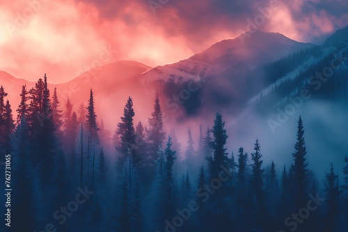 At twilight, majestic mountains cast striking silhouettes against the vivid sunset, while dense forests cloak the foothills below photo