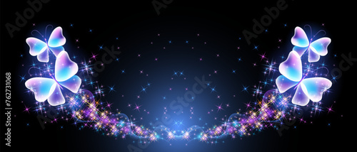 Flying delightful butterflies with sparkle and blazing trail flying in night sky among shiny glowing stars in cosmic space. Love and romance concept.