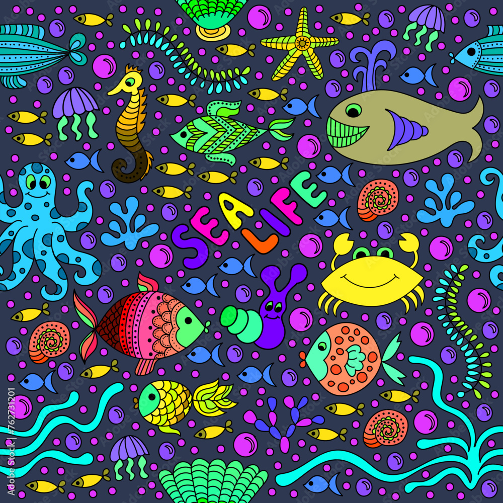 Hand draw seamless pattern with sea life, fish, shell, crab, coral, jellyfish. Creative seamless pattern, cartoon style. Vector illustration Hand draw seamless pattern with sea life, fish, shell, crab, coral, jellyfish. Creative seamless pattern, cartoon style. Vector illustration